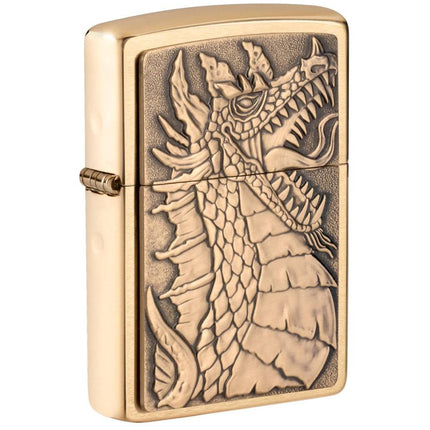 Zippo Windproof Pocket Lighter - Dragon Emblem Design Brushed Brass Finish | 49297 ,