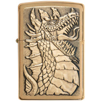 Zippo Windproof Pocket Lighter - Dragon Emblem Design Brushed Brass Finish | 49297 ,