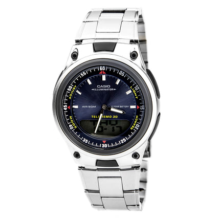 Casio Men's Ana-Digi Sports Illuminator Databank Silver Dial Stainless Steel Bracelet Watch | AW80D-7A ,