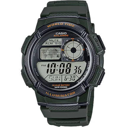Casio Men's Watch - World Time Grey Digital Dial Green Rubber Strap | AE-1000W-3AV ,