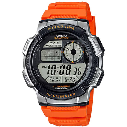 Casio Men's Watch - World Time Grey Digital Dial Orange Rubber Strap | AE-1000W-4BV ,