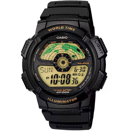 Casio Men's Watch - World Time Gold Digital Dial Black Rubber Strap | AE-1100W-1BV ,