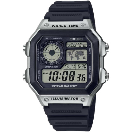 Casio Men's Watch - World Time Black and Grey Digi Dial Rubber Strap | AE-1200WH-1CV ,