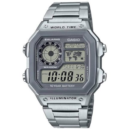 Casio Men's Watch - World Time Grey Digital Dial Silver Bracelet | AE-1200WHD-7A ,