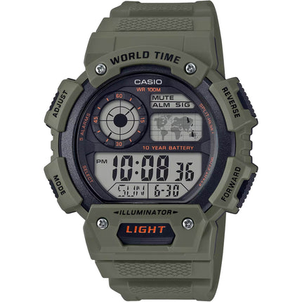 Casio Men's Watch - Alarm Black and Grey Digital Dial Green Strap | AE-1400WH-3A ,