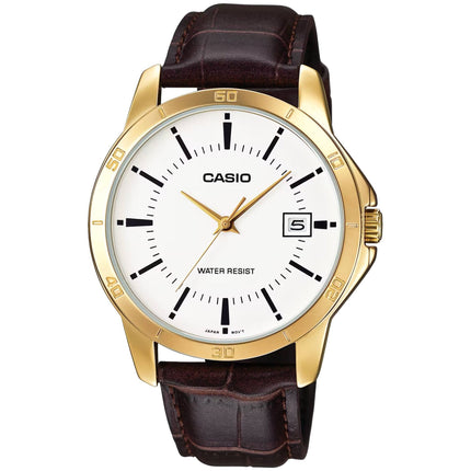 Casio Men's Watch - Quartz Silver Tone Dial Brown Leather Strap Date | MTP-V004GL-7A ,