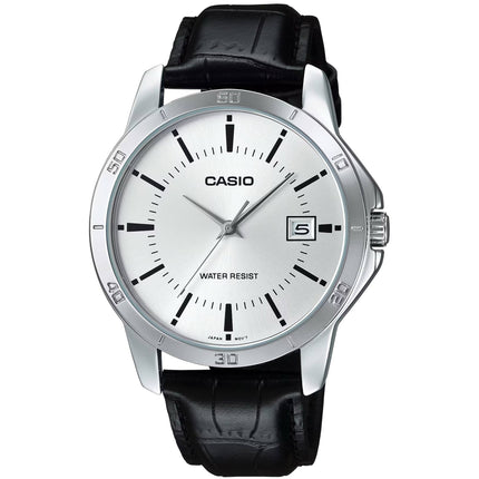 Casio Men's Watch - Quartz Silver Tone Dial Black Leather Strap Date | MTP-V004L-7A ,