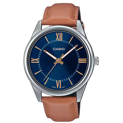 Casio Men's Watch - Quartz Blue Dial Brown Genuine Leather Strap | MTP-V005L-2B5UDF ,