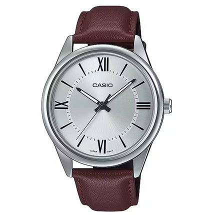Casio Men's Watch - Quartz Silver Tone Dial Brown Leather Strap | MTP-V005L-7B5UDF ,