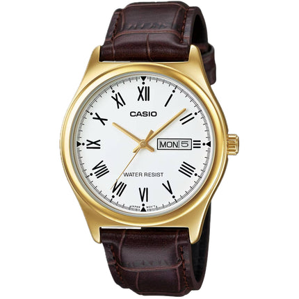 Casio Men's Watch - White Dial Brown Leather Strap Date and Day | MTP-V006GL-7BUDF ,