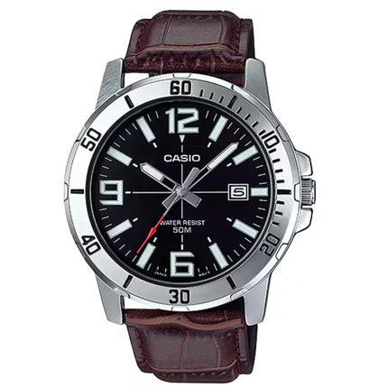 Casio Men's Watch - Quartz Black Dial Brown Leather Strap Date | MTP-VD01L-1BVUDF ,