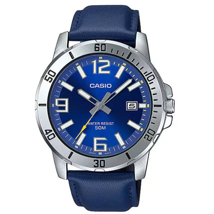 Casio Men's Watch - Blue Dial Genuine Leather Strap Date Display | MTP-VD01L-2BV ,