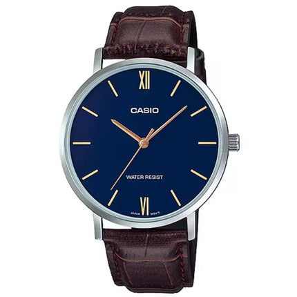 Casio Men's Watch - Quartz Blue Dial Brown Leather Strap Analog | MTP-VT01L-2BUDF ,