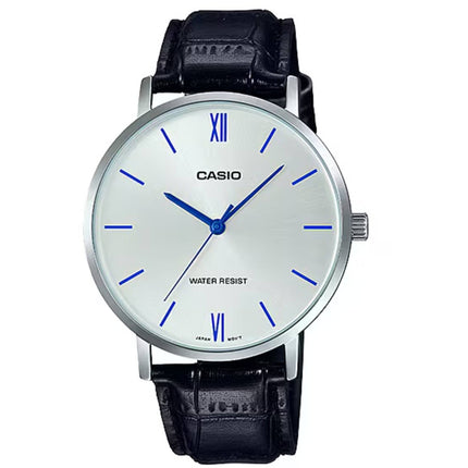Casio Men's Watch - Quartz Silver Tone Dial Black Leather Strap Analog | MTP-VT01L-7B1 ,