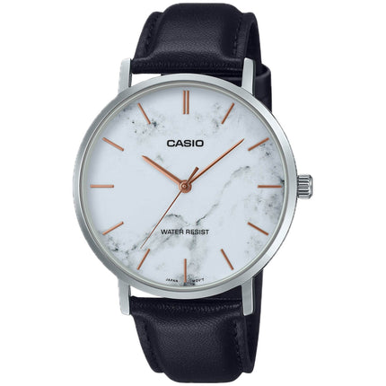 Casio Men's Watch - Quartz White Dial Black Genuine Leather Strap | MTP-VT01LM-7AUDF ,