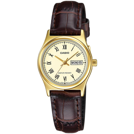 Casio Women’s Watch - Quartz Day/Date Yellow Gold Case Brown Strap | LTP-V006GL-9BUDF ,