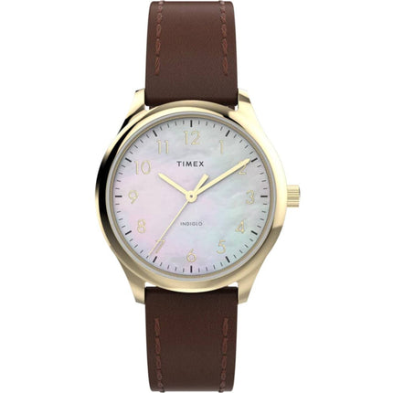 Timex Women's Watch - Easy Reader White MOP Dial Brown Leather Strap | TW2W157009J ,