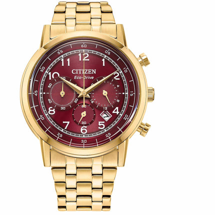 Citizen Men's Watch - Eco-Drive Chronograph Red Dial Yellow Gold Bracelet | CA4632-58X ,