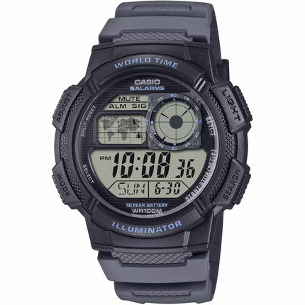 Casio Unisex Watch - World Time Digital Dial Grey Resin Strap Alarm | AE1000W-8AV ,
