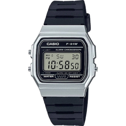 Casio Unisex Watch - Chronograph Silver Case Digital Dial Black Resin Strap | F91WM-7A ,