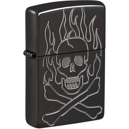 Zippo Windproof Lighter - Flaming Skull Design High Polish Black Finished | 46930 ,