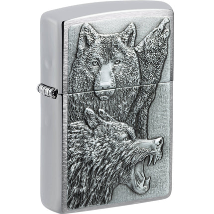 Zippo Windproof Lighter - Wolf Pack Emblem Attached Brushed Chrome Finish | 46960 ,