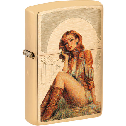 Zippo Windproof Lighter - Auto Engraved Cowgirl Design Brushed Brass Finish | 46962 ,