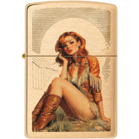 Zippo Windproof Lighter - Auto Engraved Cowgirl Design Brushed Brass Finish | 46962 ,