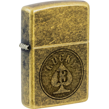 Zippo Windproof Pocket Lighter - Lucky 13 Design Lustre Antique Brass Metal | 47148 ,