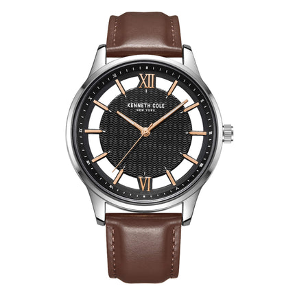 Kenneth Cole Men's Watch - Black, White Dial Brown Leather Strap | KCWGA2185601 ,