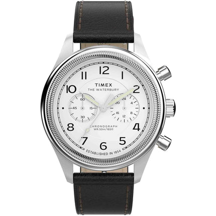 Timex Men's Watch - Waterbury Chrono White Dial Black Leather Strap | TW2Y08200VQ ,