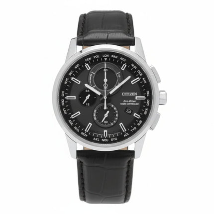 Citizen Men's Watch - Eco-Drive Steel Case Black Dial Leather Strap | AT8110-02E ,