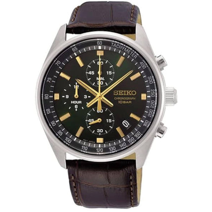 Seiko Men's Watch - Discover More Chrono Green Dial Brown Leather Strap | SSB385P1 ,