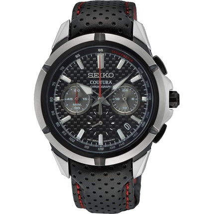 Seiko Men's Watch - Coutura Chronograph Steel Case Black Dial Leather Strap | SSB437 ,