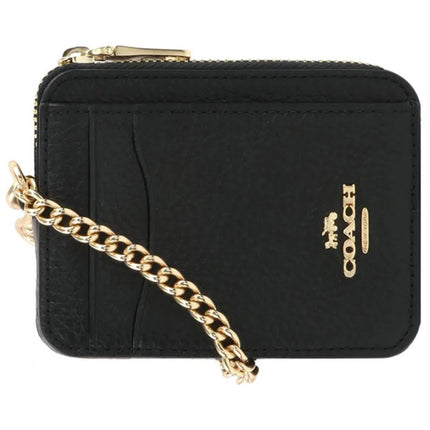 Coach Women's Zip Card Case - Refined Pebble Leather with Strap, Black | 6303 BLK ,