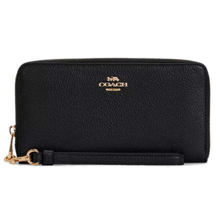Coach Women's Wallet - Refined Pebble Leather Long Zip Around, Gold/Black | C4451 BLK ,