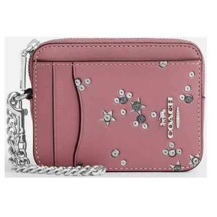 Coach Women's Zip Card Case - With Star Print, Silver/Dusty Pink Multi | CCO26 PK MLT ,