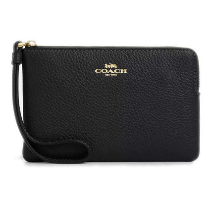 Coach Women's Wristlet - Pebble Leather Corner Zip, Gold/Black | CP483 BLK ,
