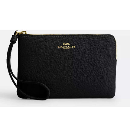 Coach Women's Wristlet - Crossgrain Leather Corner Zip, Gold/Black | CV396 BLK ,