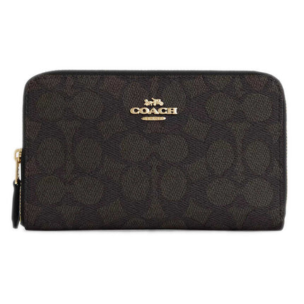 Coach Women's Zip Wallet - Signature Canvas Medium Id Gold/Walnut/Black | CW781 BLK ,