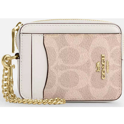 Coach Women's Card Case - Signature Canvas Zip, Gold/Sand/Chalk | CW883 SD CHK ,