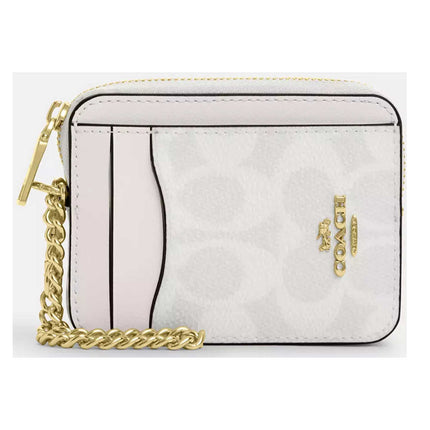 Coach Women's Card Case - Signature Canvas Zip, Gold/White/Chalk | CW883 WT CHK ,