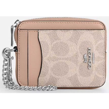 Coach Women's Card Case - Signature Canvas Zip, Silver/Sand/Taupe | CW883 TAE ,