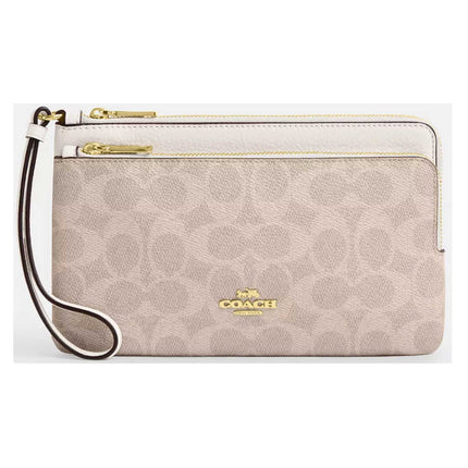 Coach Women's Wallet - Double Zip Signature Canvas, Gold/Sand/Chalk | CX161 SD CHK ,