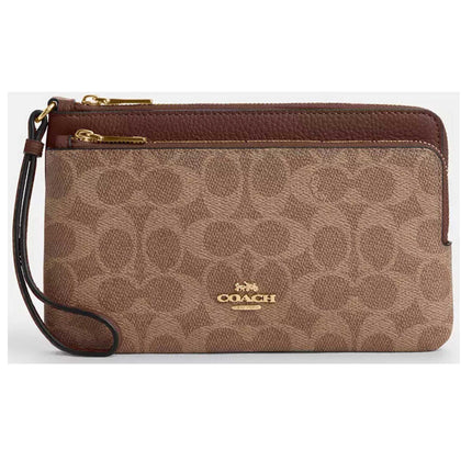 Coach Women's Wallet - Double Zip Signature Canvas, Gold/Tan/Brown | CX161 BRN ,