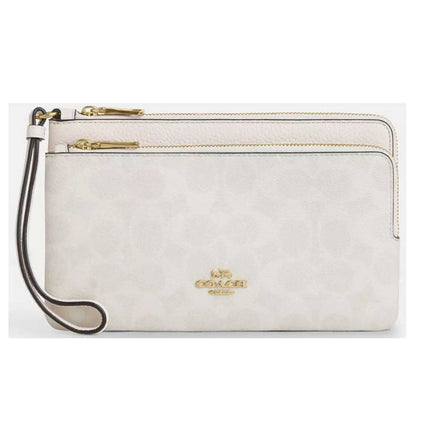 Coach Women's Wallet - Double Zip Signature Canvas, Gold/White/Chalk | CX161 WT CHK ,
