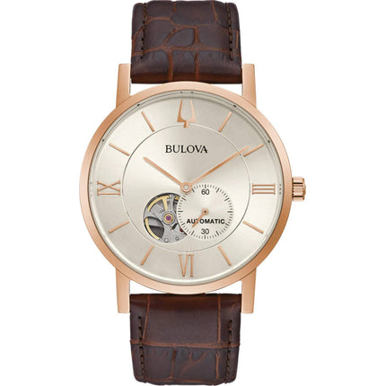 Bulova Men's Watch - Classic Automatic Open Heart Beige Dial Leather Strap | 97A150 ,