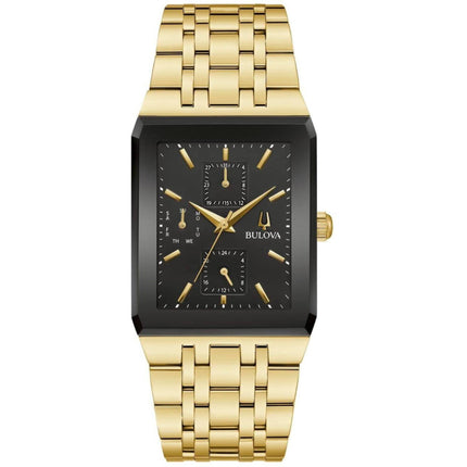 Bulova Men's Watch - Dante Square Black Dial Yellow Gold Steel Bracelet | 97C113 ,