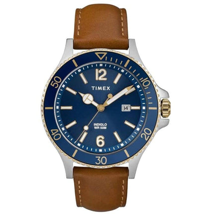 Timex Men's Watch - Harborside Quartz Blue Dial Tan Leather Strap Date | TW2R64500JT ,