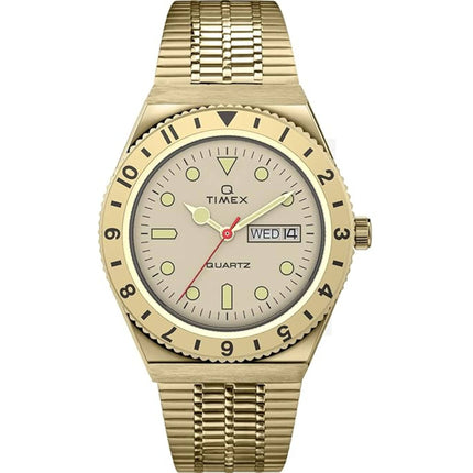 Timex Men's Watch - Q Beige Dial Yellow Gold Steel Bracelet Date-Day | TW2V18700ZV ,